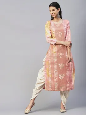 Batik Printed Mirror Embroidered Schiffili Kurta - Peach & Brown