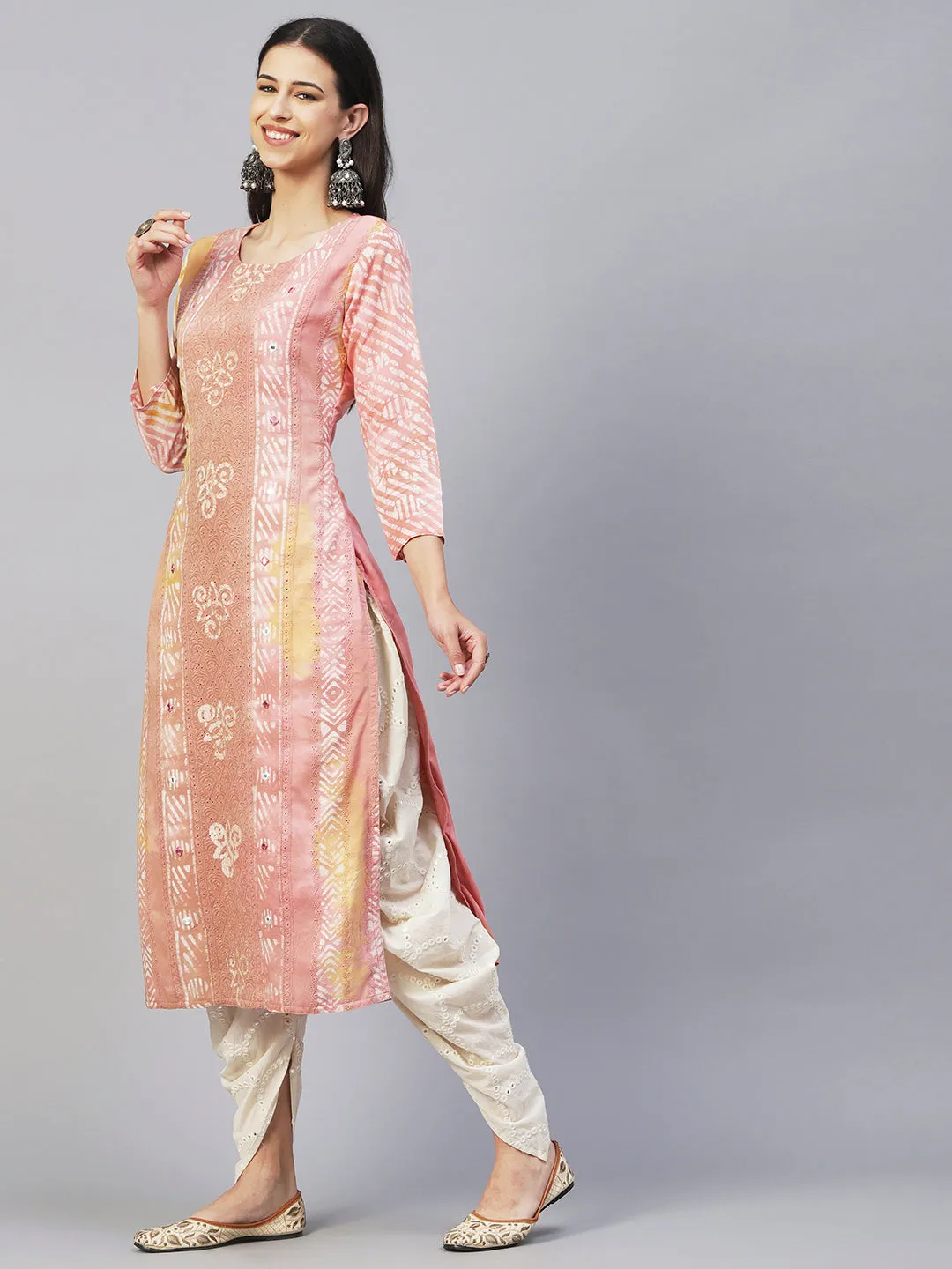 Batik Printed Mirror Embroidered Schiffili Kurta - Peach & Brown