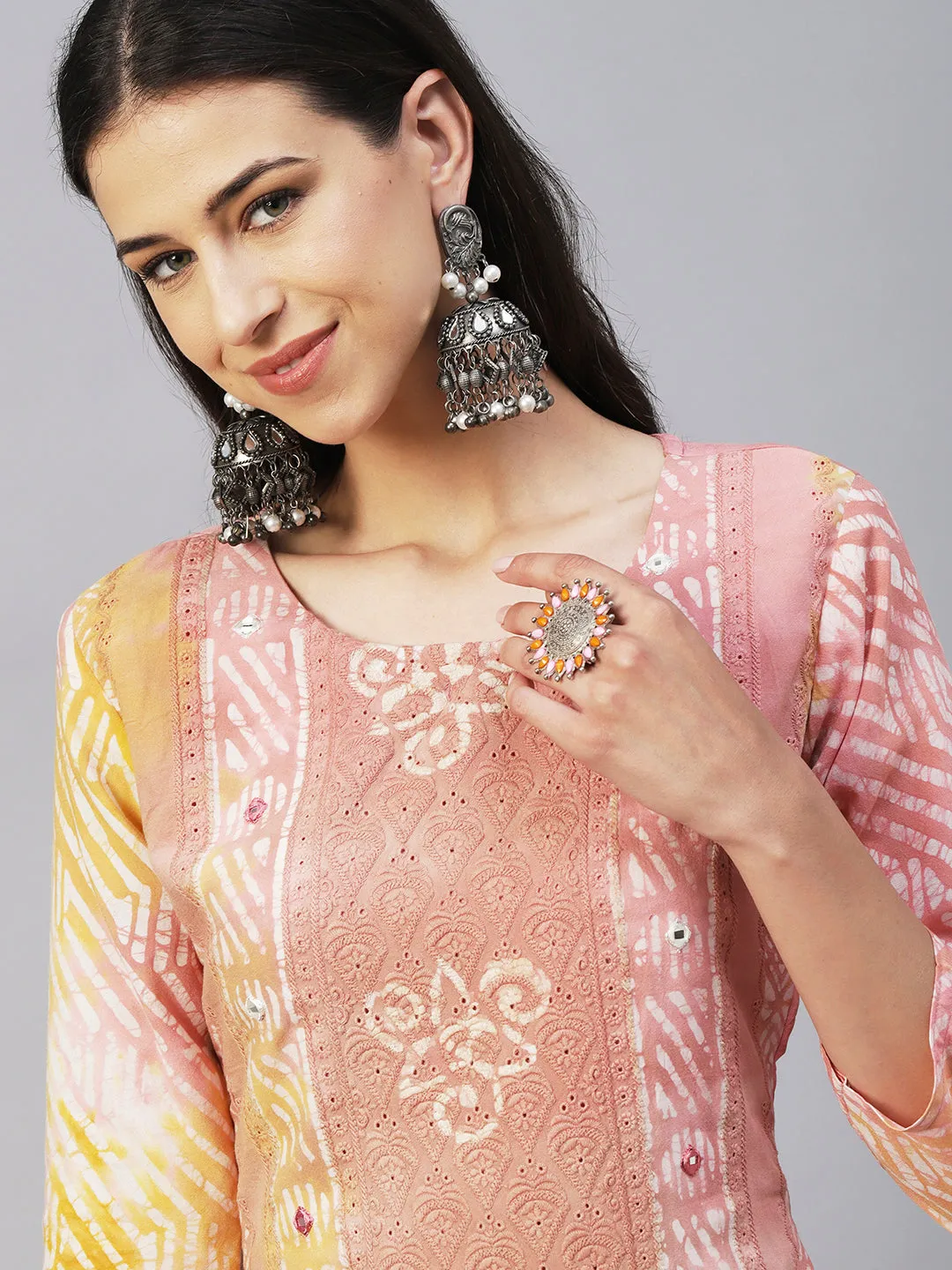 Batik Printed Mirror Embroidered Schiffili Kurta - Peach & Brown