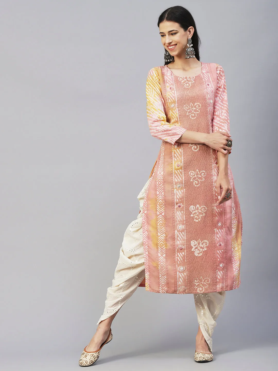 Batik Printed Mirror Embroidered Schiffili Kurta - Peach & Brown