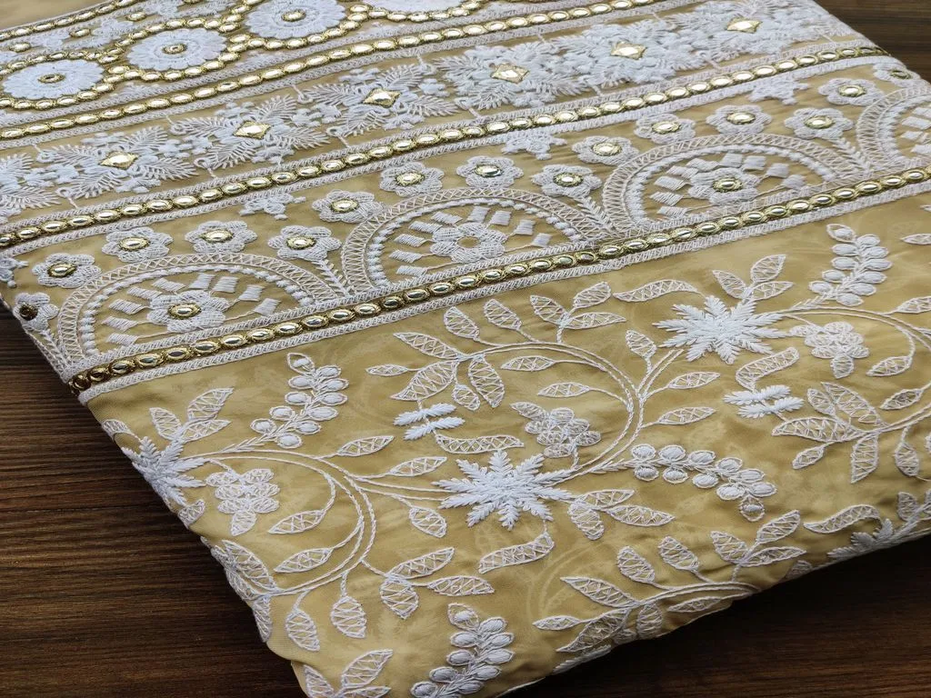 Beige & White Traditional Chikankari Mirror Work Embroidered Georgette Fabric (Wholesale)