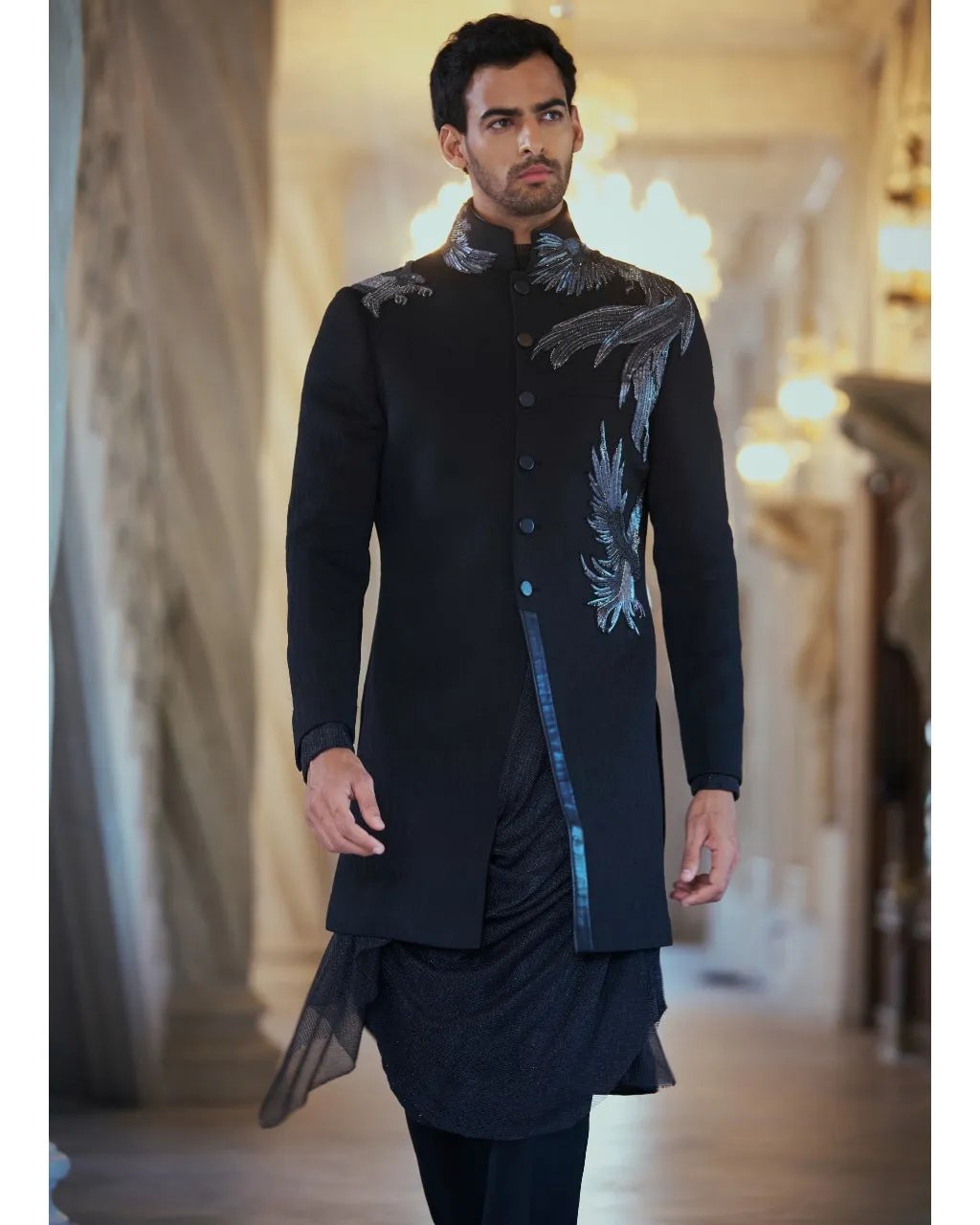 Black Applique Textured Sherwani