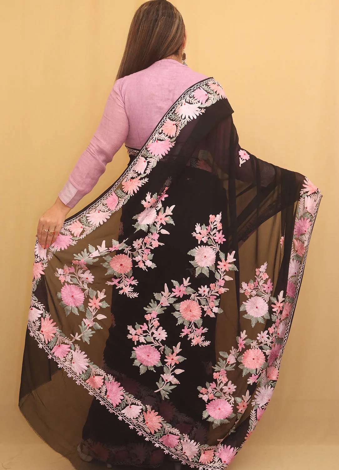 Black Embroidered Kashmiri Aari Work Georgette Saree