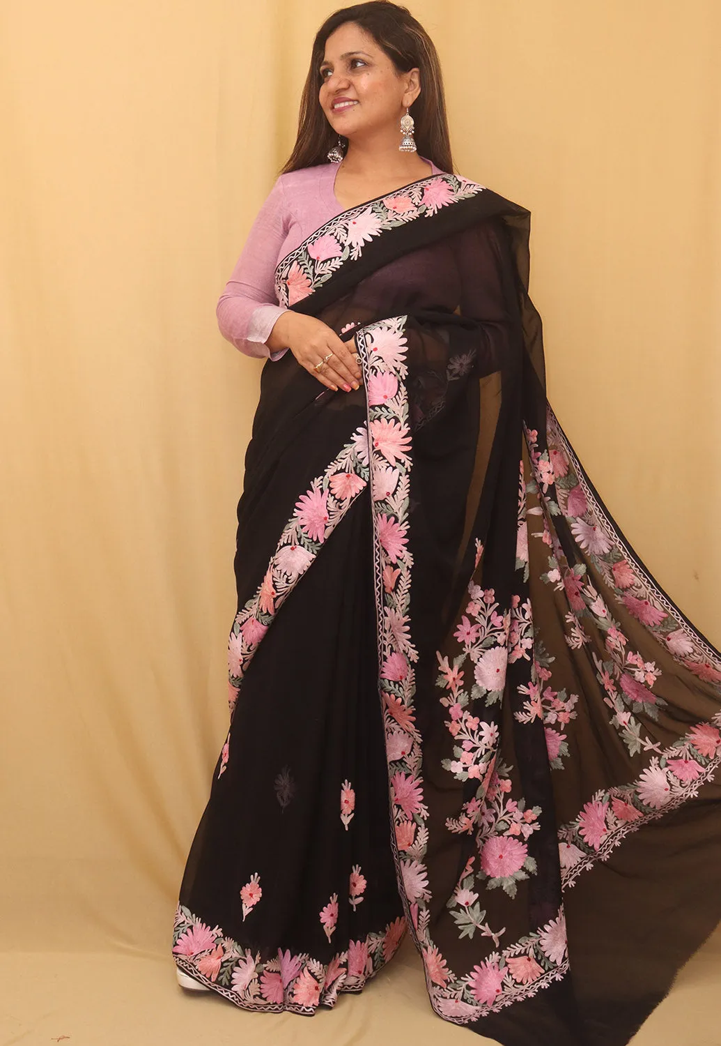 Black Embroidered Kashmiri Aari Work Georgette Saree