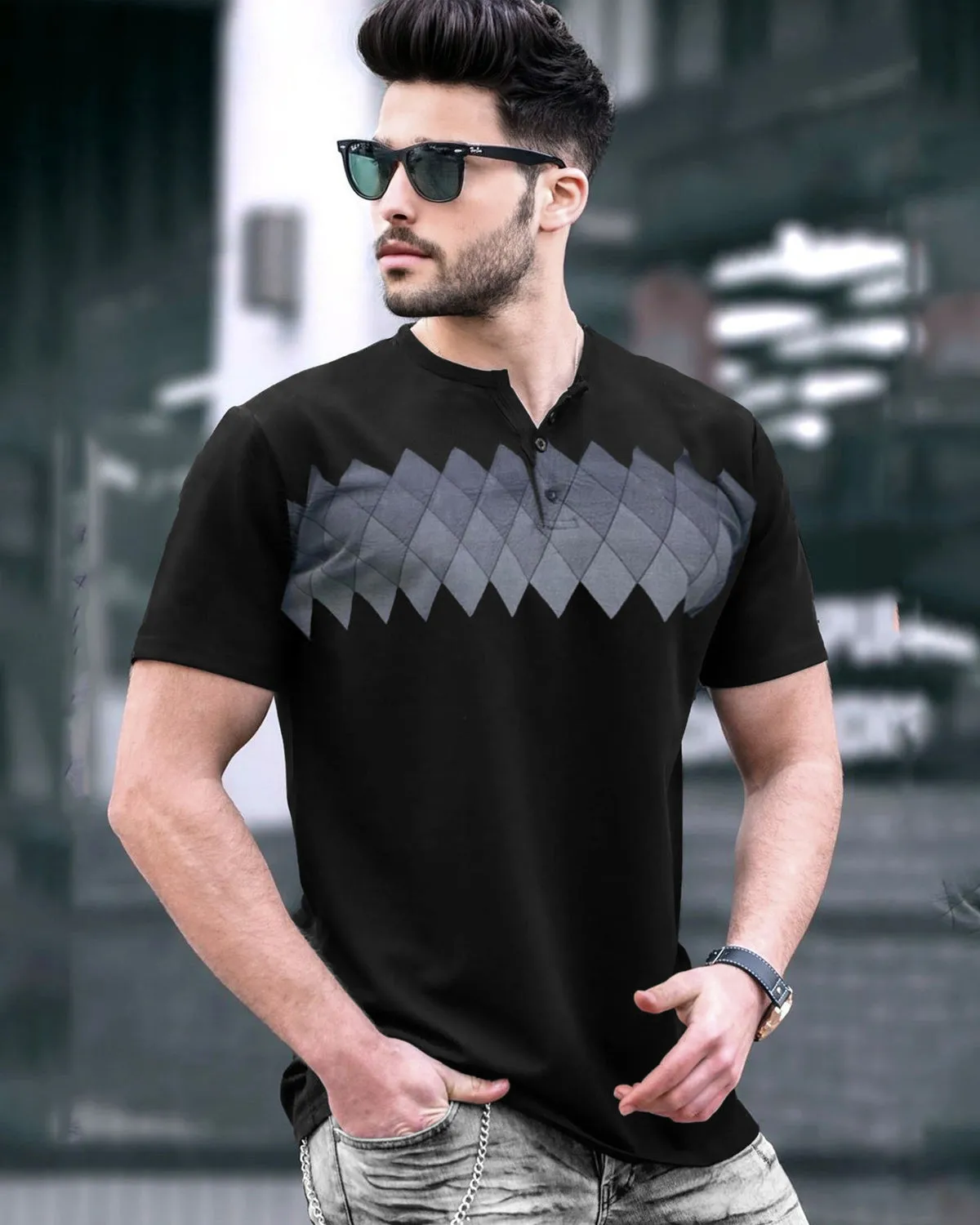 Black Grey Pattern Half Sleeve Button T-Shirt