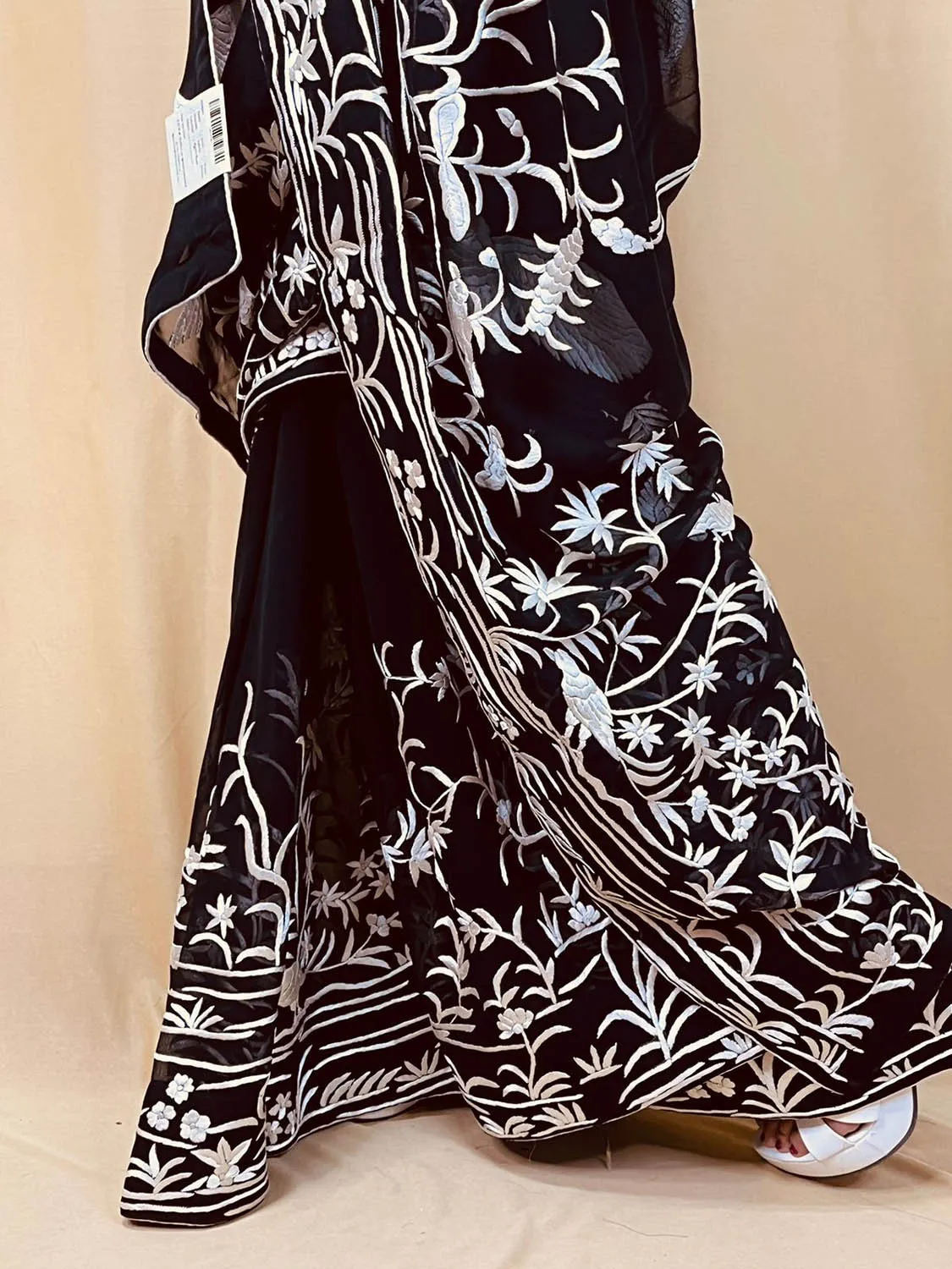 Black Parsi Gara Hand Embroidered Pure Georgette Bird And Flower Design Saree