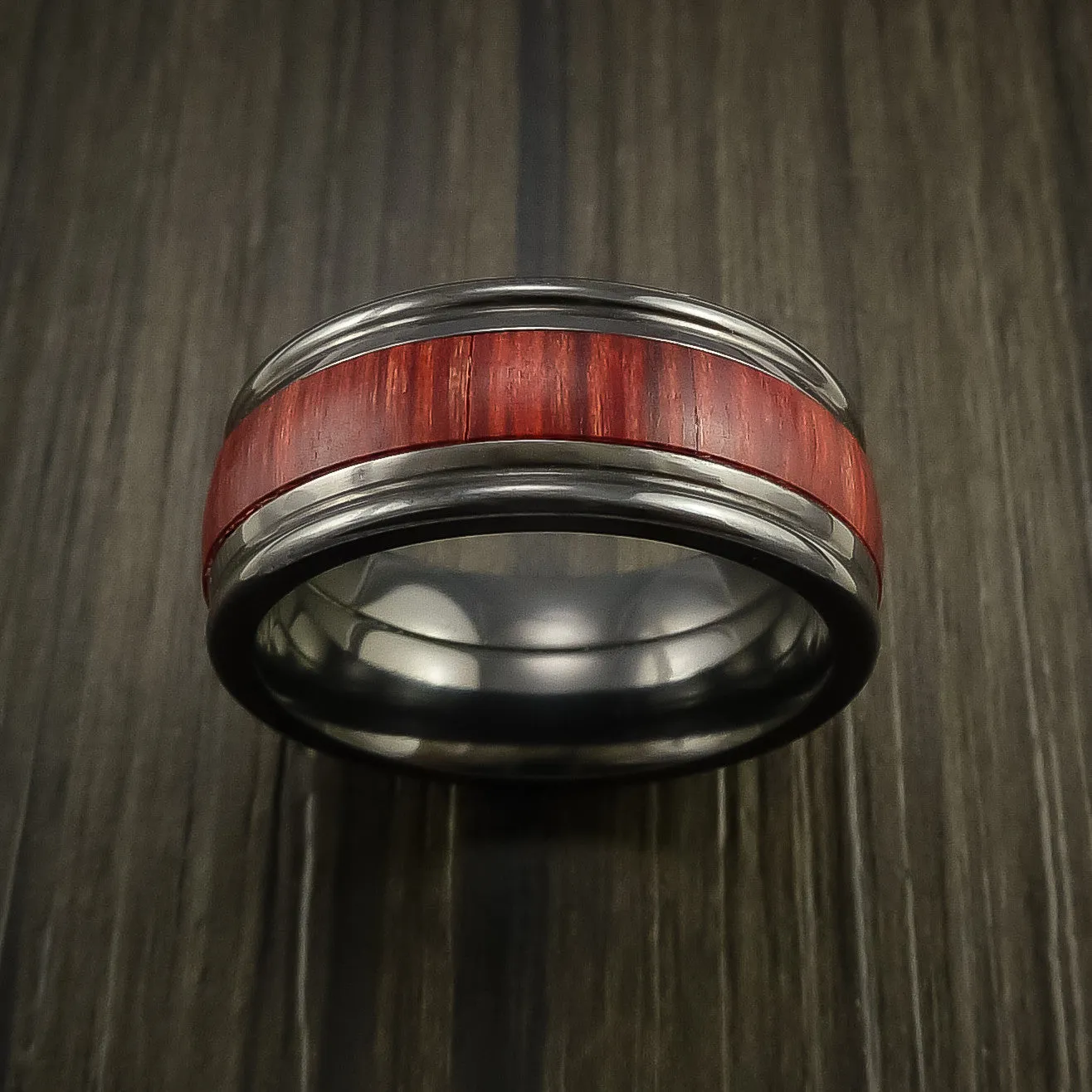 Black Titanium ring with Wood Inlay Custom Made Wedding Men's Band