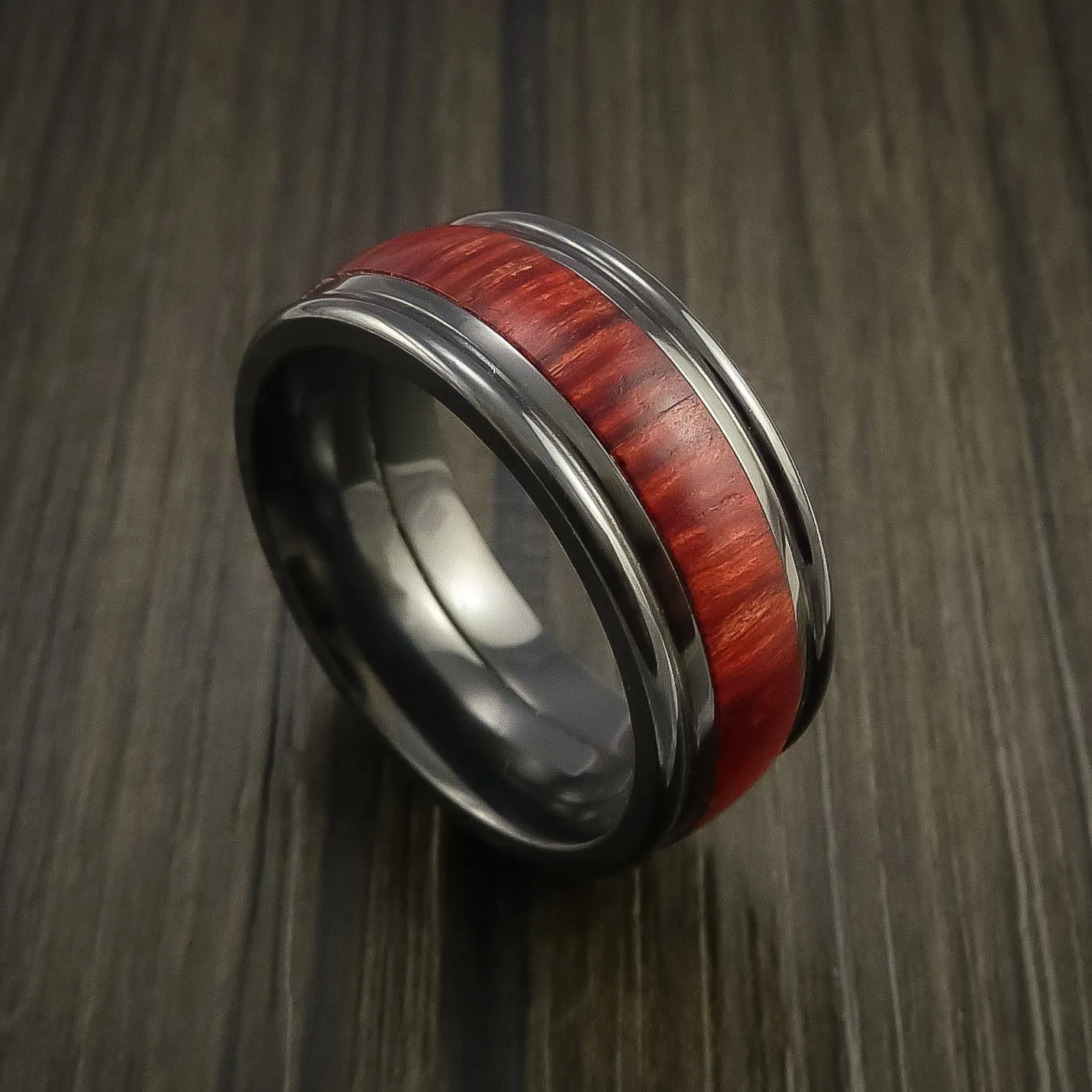 Black Titanium ring with Wood Inlay Custom Made Wedding Men's Band