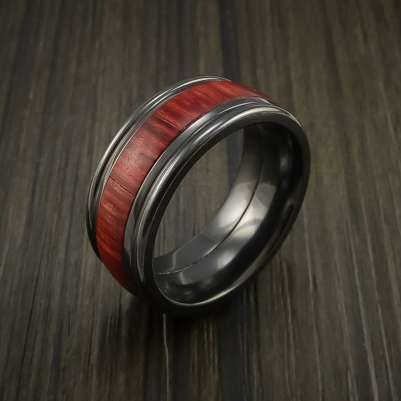 Black Titanium ring with Wood Inlay Custom Made Wedding Men's Band