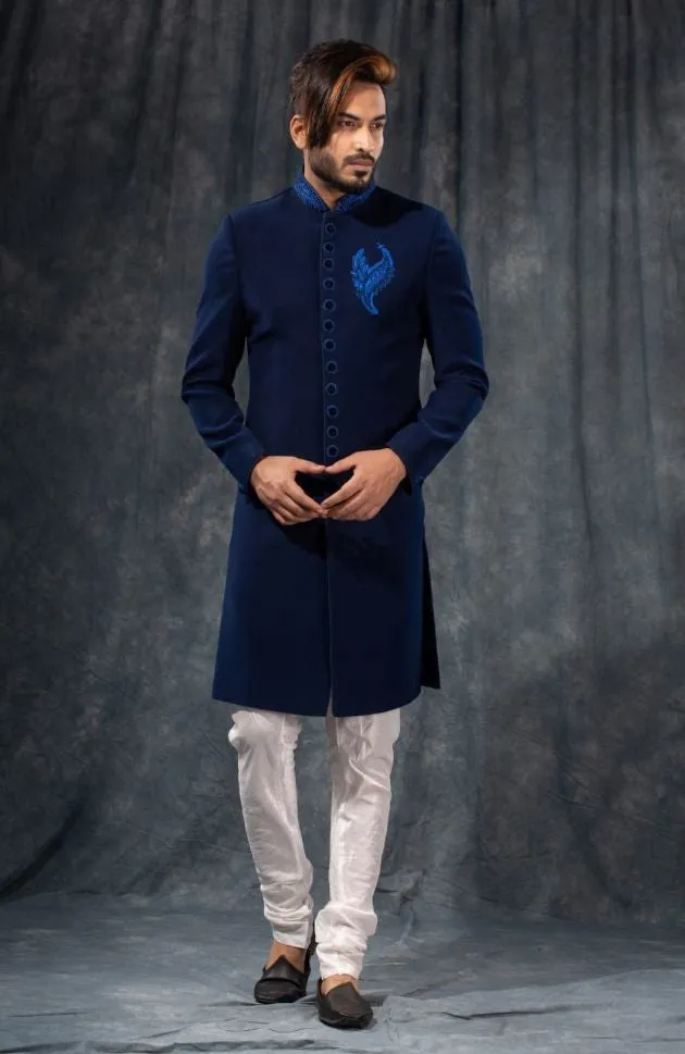 Blue and White Color Velvet Sherwani - Rent