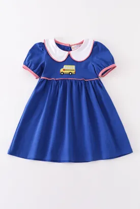 Blue bus embroidery back to school dress