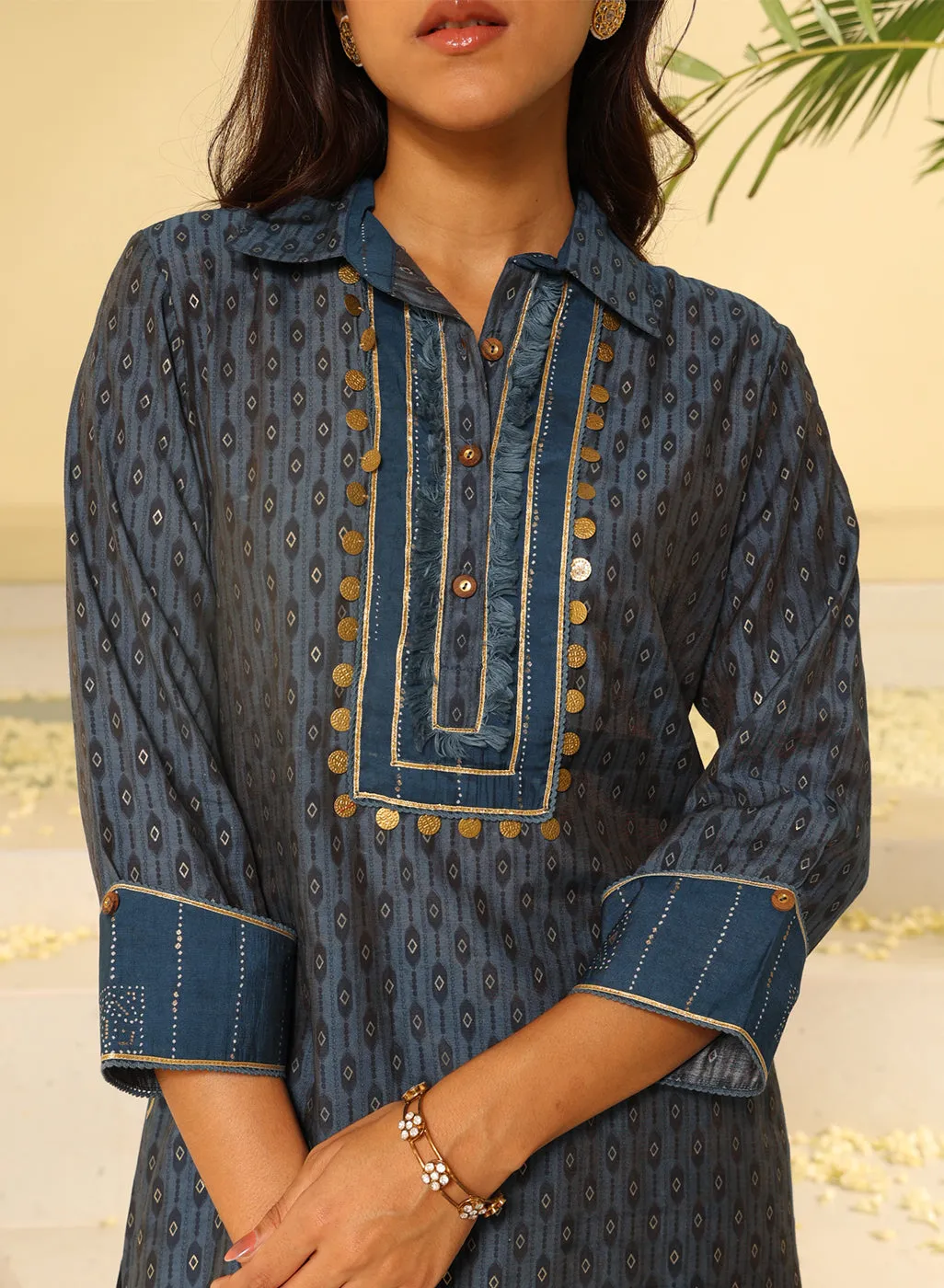 Blue Collared Straight Kurta Set