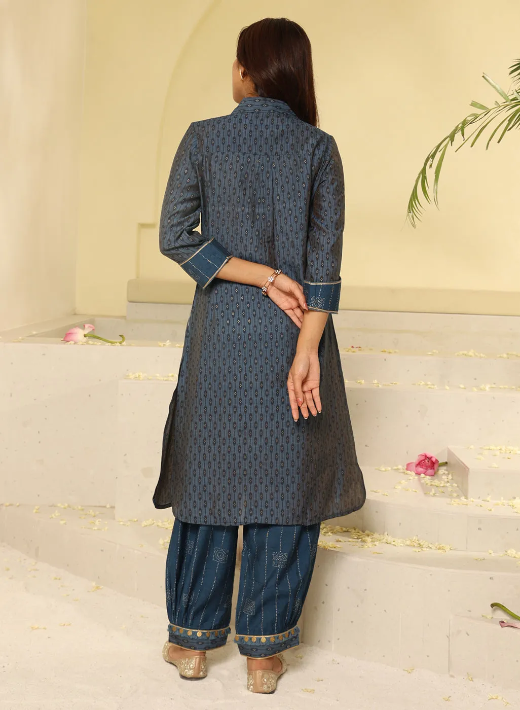 Blue Collared Straight Kurta Set