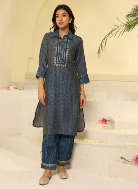 Blue Collared Straight Kurta Set