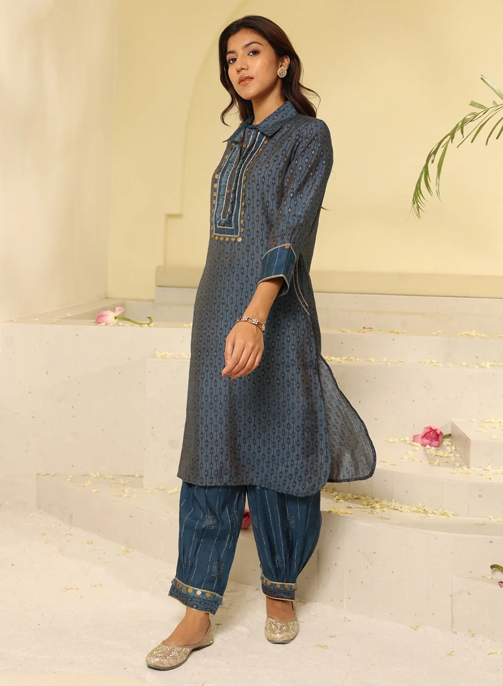 Blue Collared Straight Kurta Set