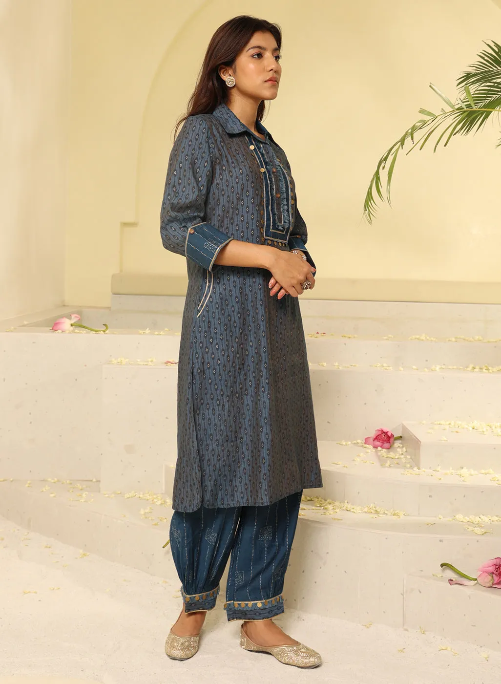 Blue Collared Straight Kurta Set