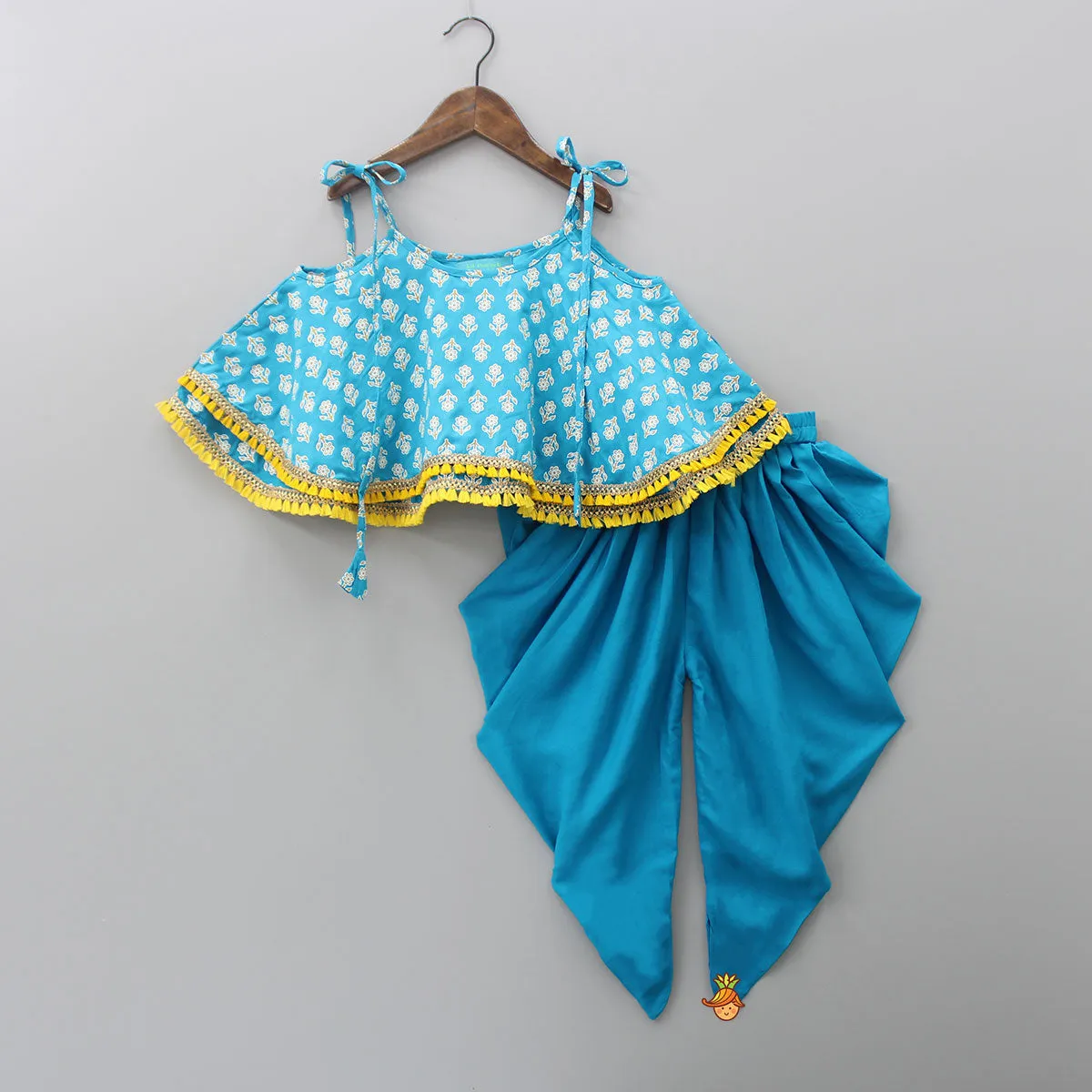 Blue Floral Printed Lace Work Top And Dhoti With Matching Sling Bag