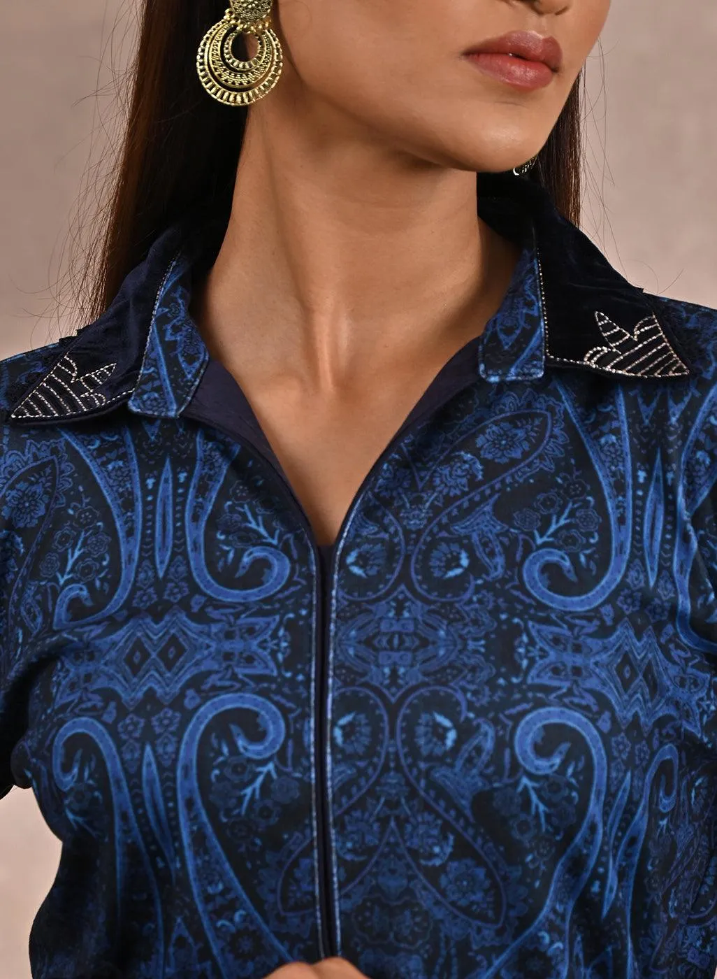 Blue Printed Tunic with Embroidery on Collar