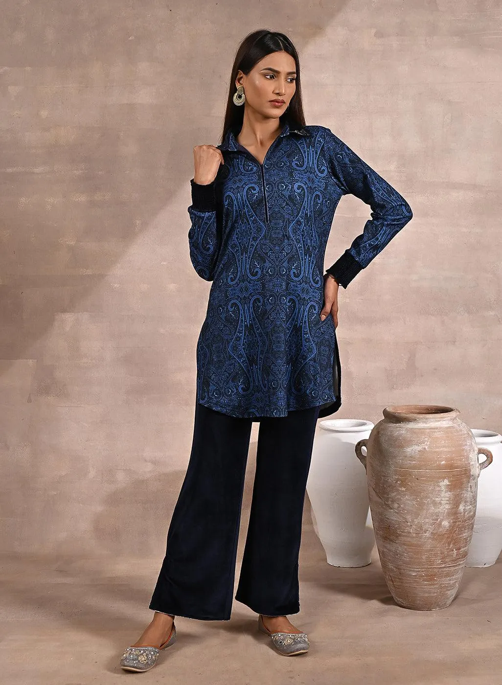 Blue Printed Tunic with Embroidery on Collar