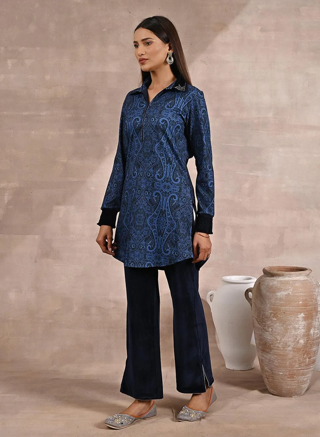 Blue Printed Tunic with Embroidery on Collar