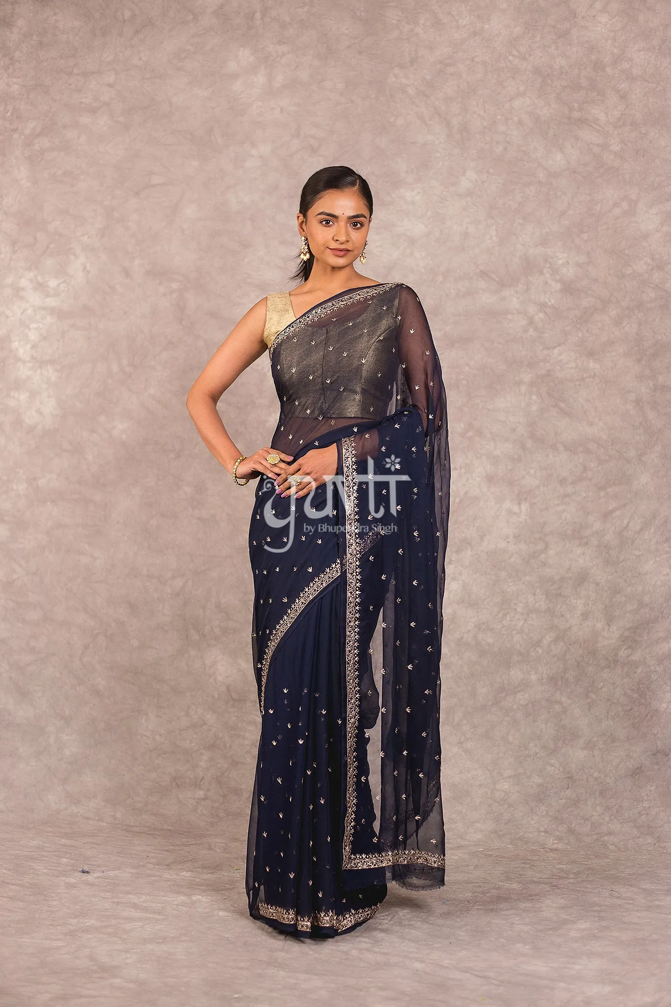 Blue Viscose Chiffon Zari Work Saree