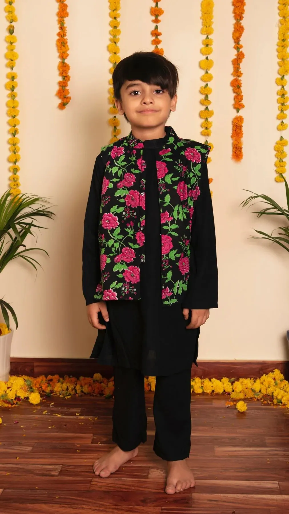 Boys Black Rayon Kurta Pant Set with Cotton Printed Nehru Jacket