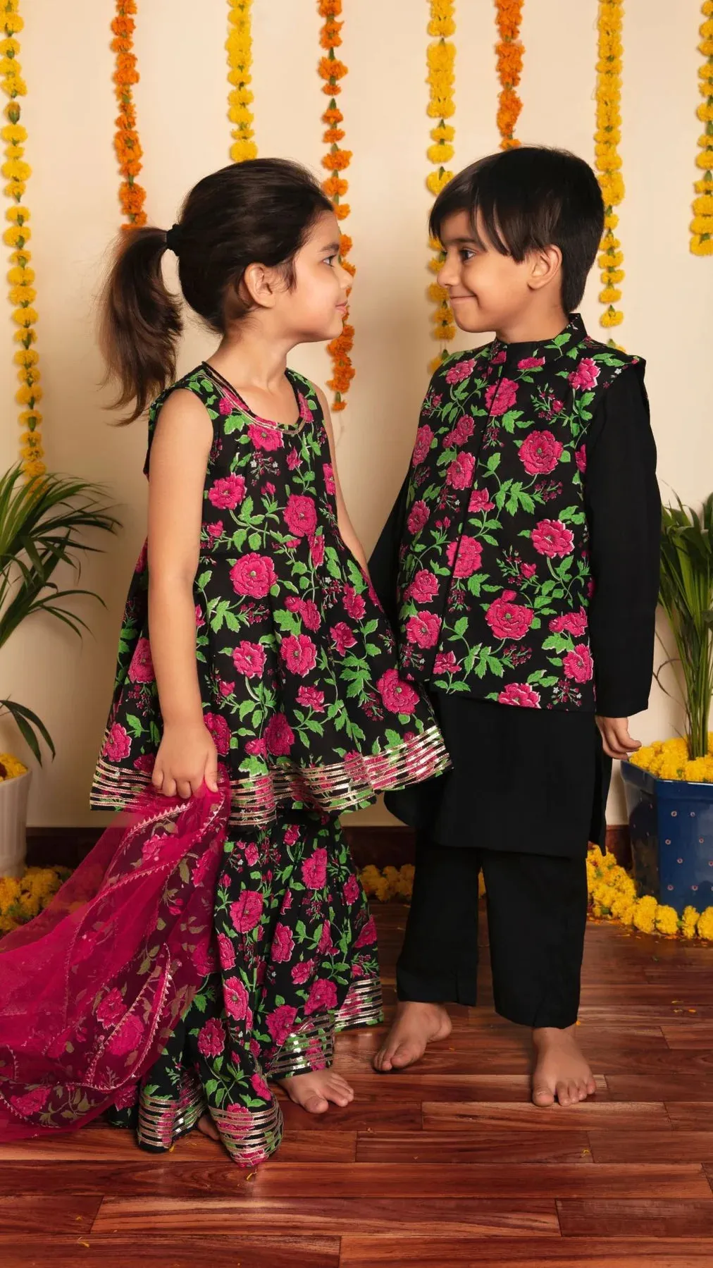 Boys Black Rayon Kurta Pant Set with Cotton Printed Nehru Jacket