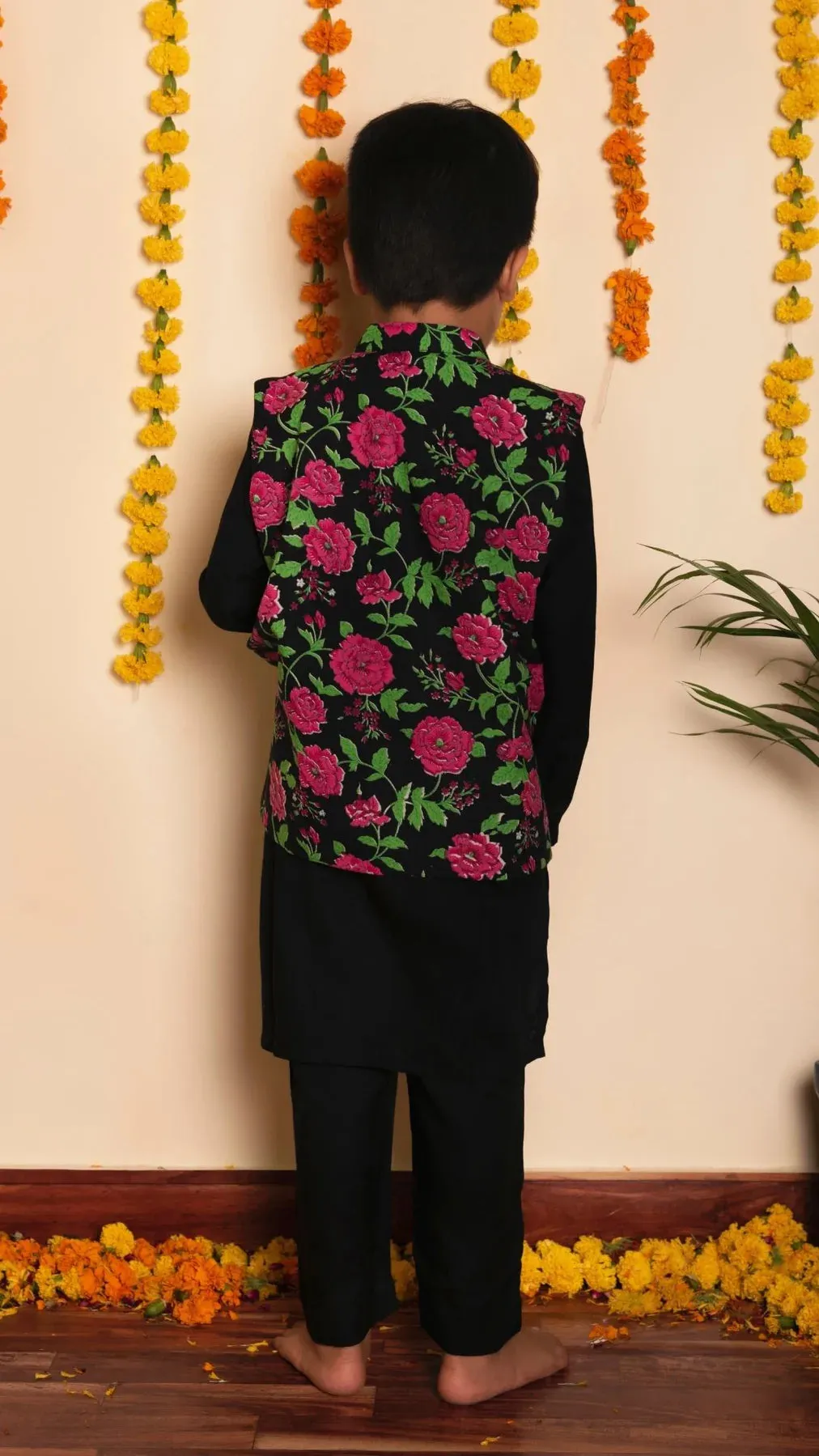 Boys Black Rayon Kurta Pant Set with Cotton Printed Nehru Jacket