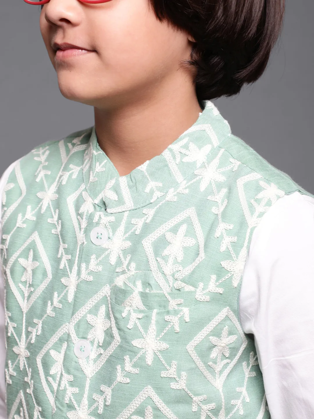 Boy's Green Embroidered Nehru Jacket - Aks Boys