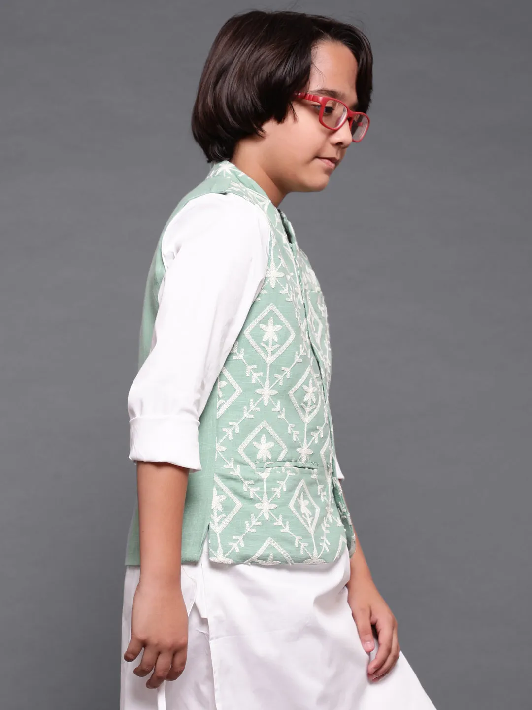 Boy's Green Embroidered Nehru Jacket - Aks Boys