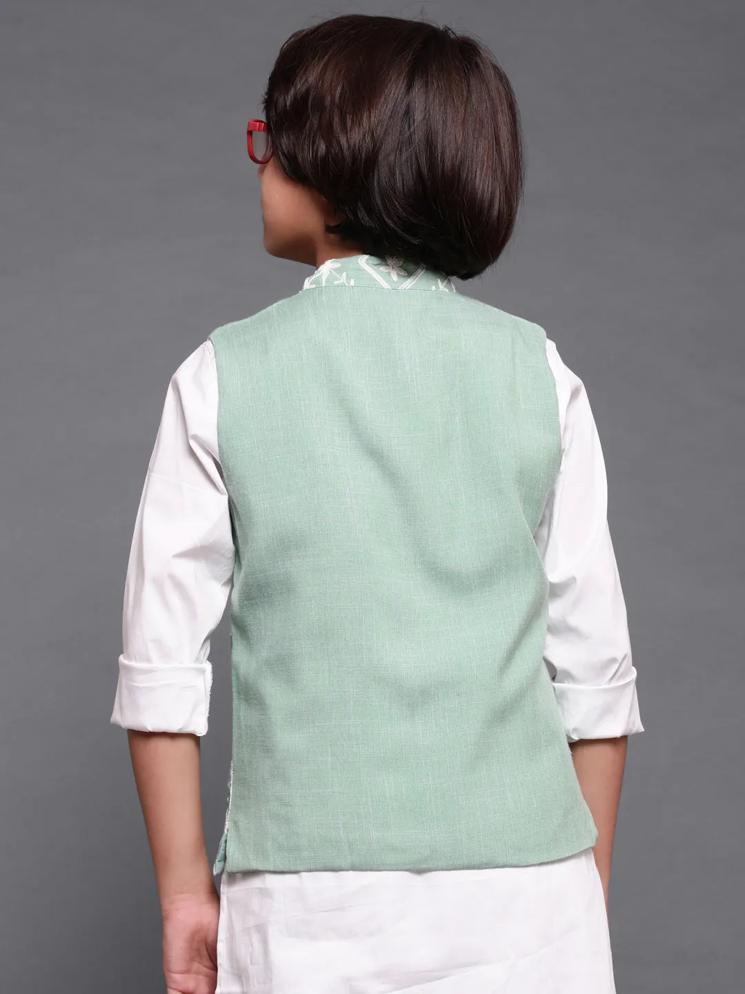 Boy's Green Embroidered Nehru Jacket - Aks Boys