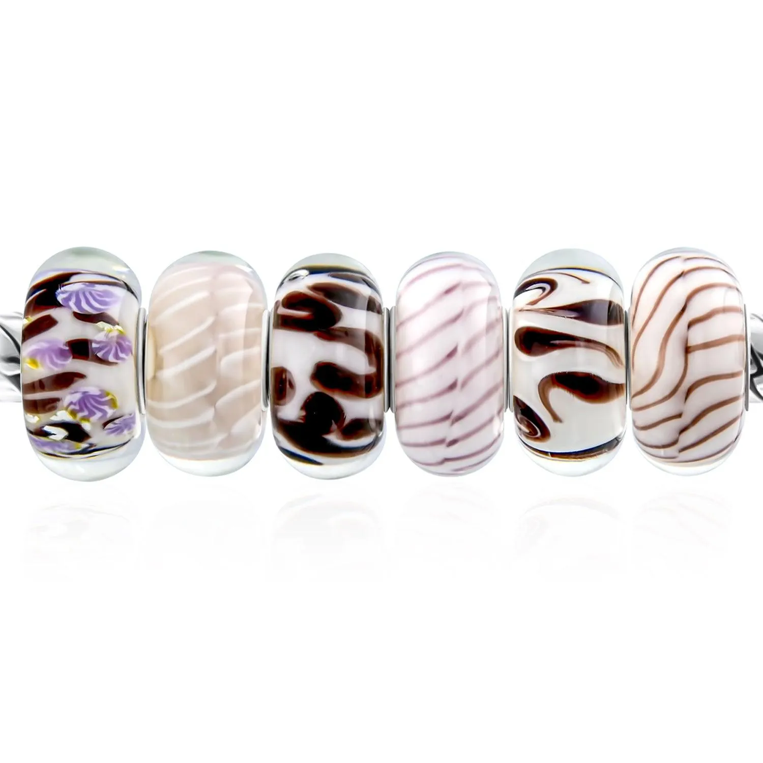 Brown Black White Murano Glass Bead Charm Bundle 6 Set Sterling Silver