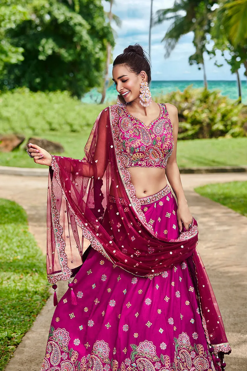 Burgundy Satin Silk Sequins and Zarkan embroidery Lehenga choli & Dupatta