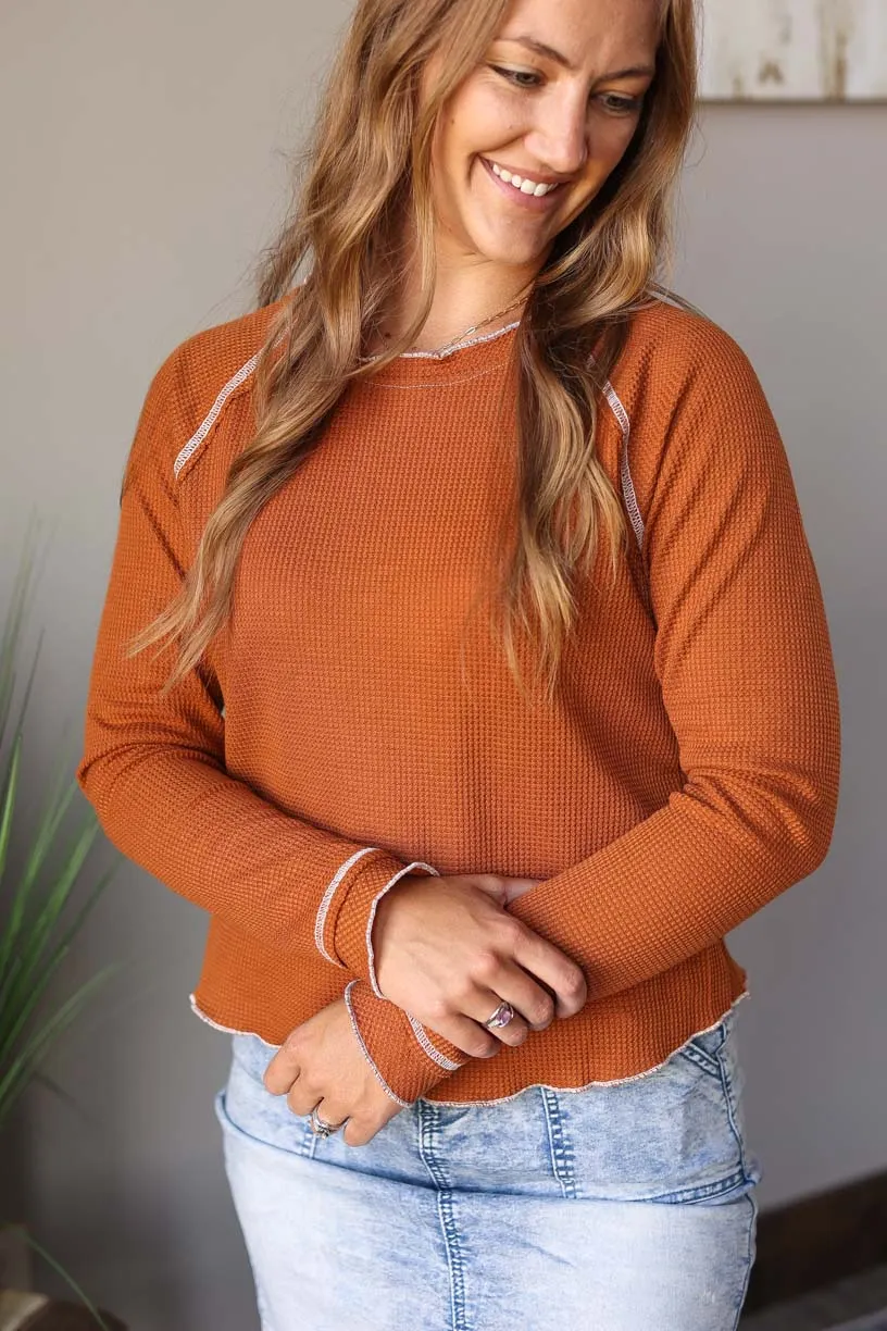 Camel Textured Crewneck Long Sleeve Top • M, XL