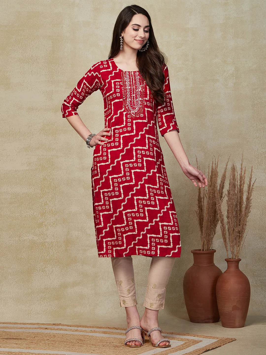 Chevron & Ethnic Printed Mirror & Resham Embroidered Kurta - Red