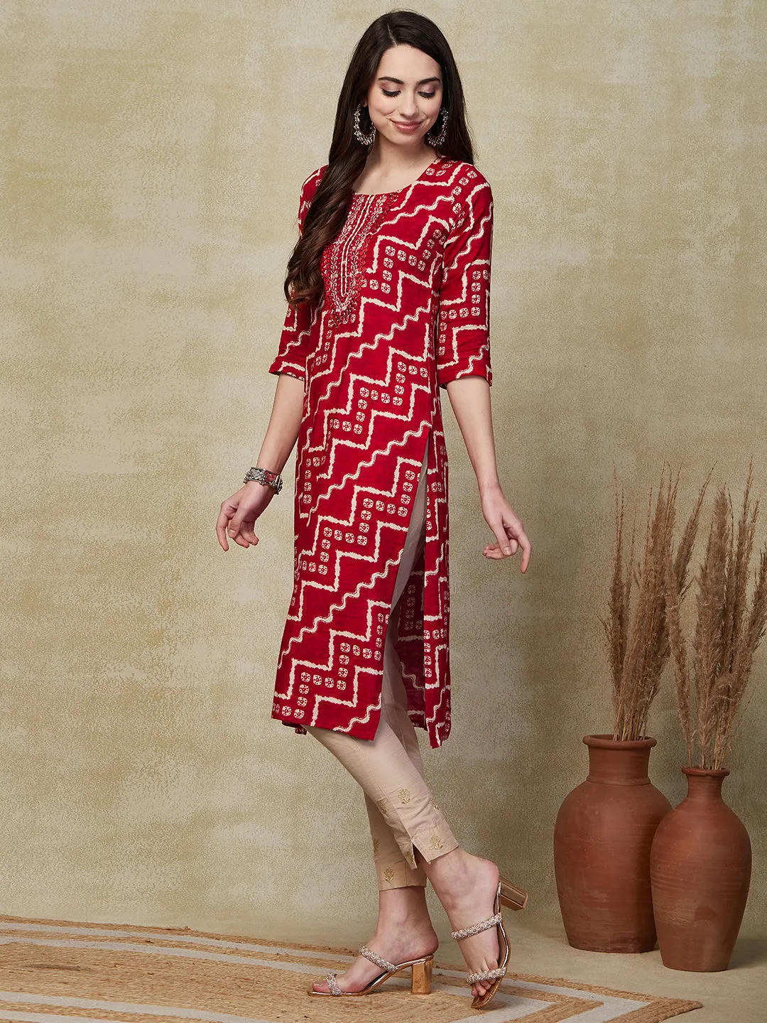 Chevron & Ethnic Printed Mirror & Resham Embroidered Kurta - Red