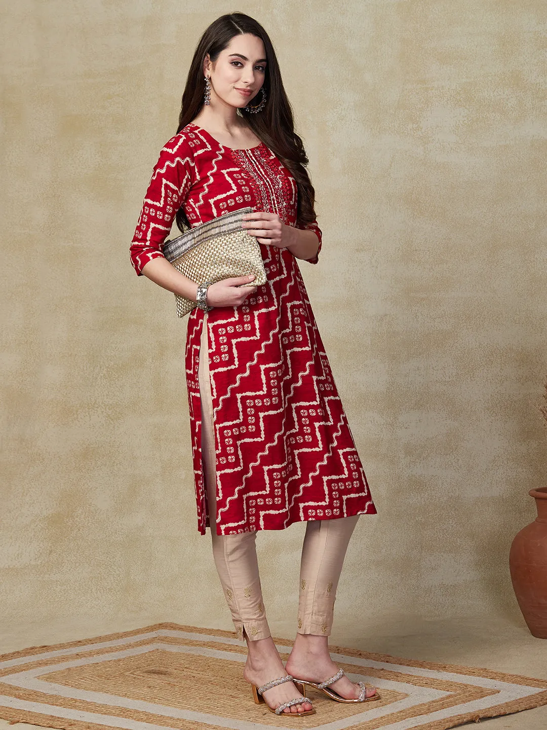 Chevron & Ethnic Printed Mirror & Resham Embroidered Kurta - Red