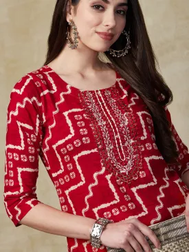 Chevron & Ethnic Printed Mirror & Resham Embroidered Kurta - Red