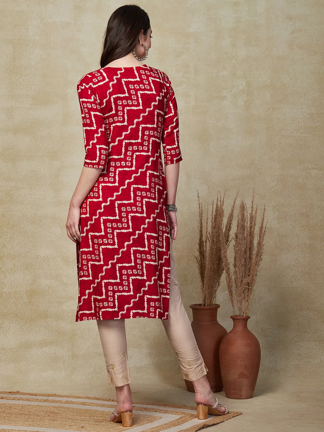 Chevron & Ethnic Printed Mirror & Resham Embroidered Kurta - Red