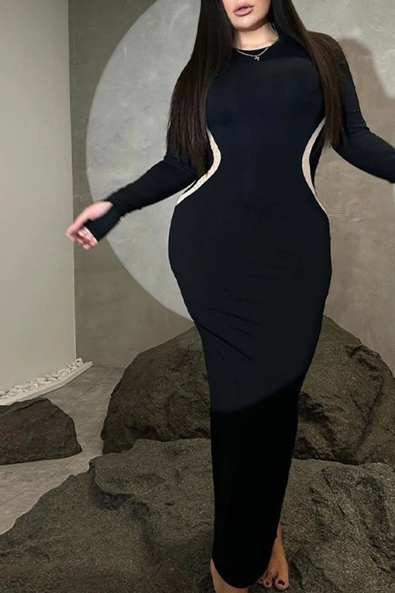 Contrast Wavy Slim Fit Midi Dress