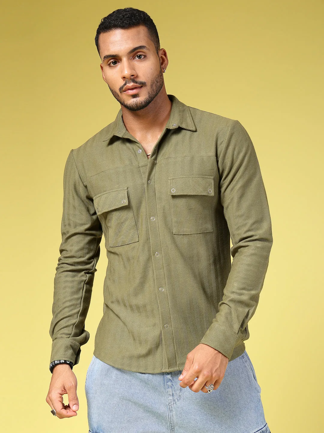 Cotton Herringbone Utility Cutaway Collar Shirt