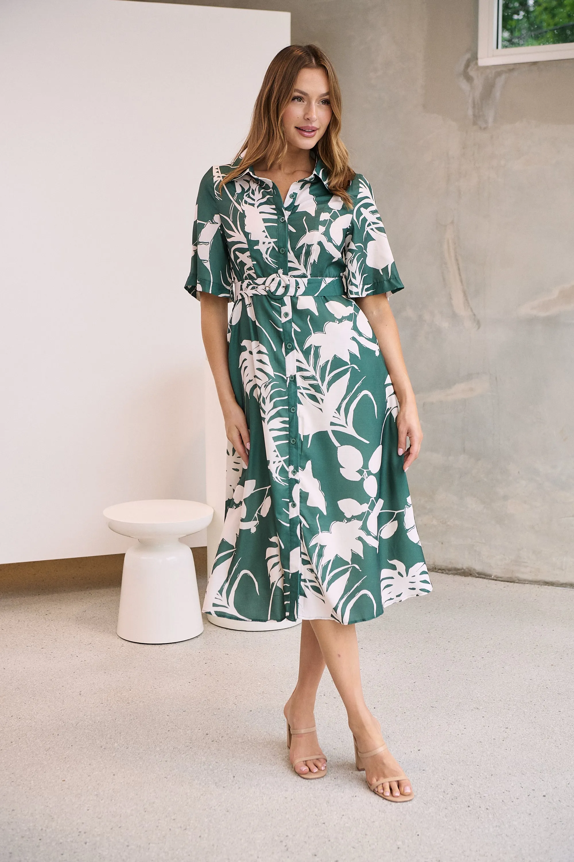 Delaney Green/White Print Button Front Midi Dress