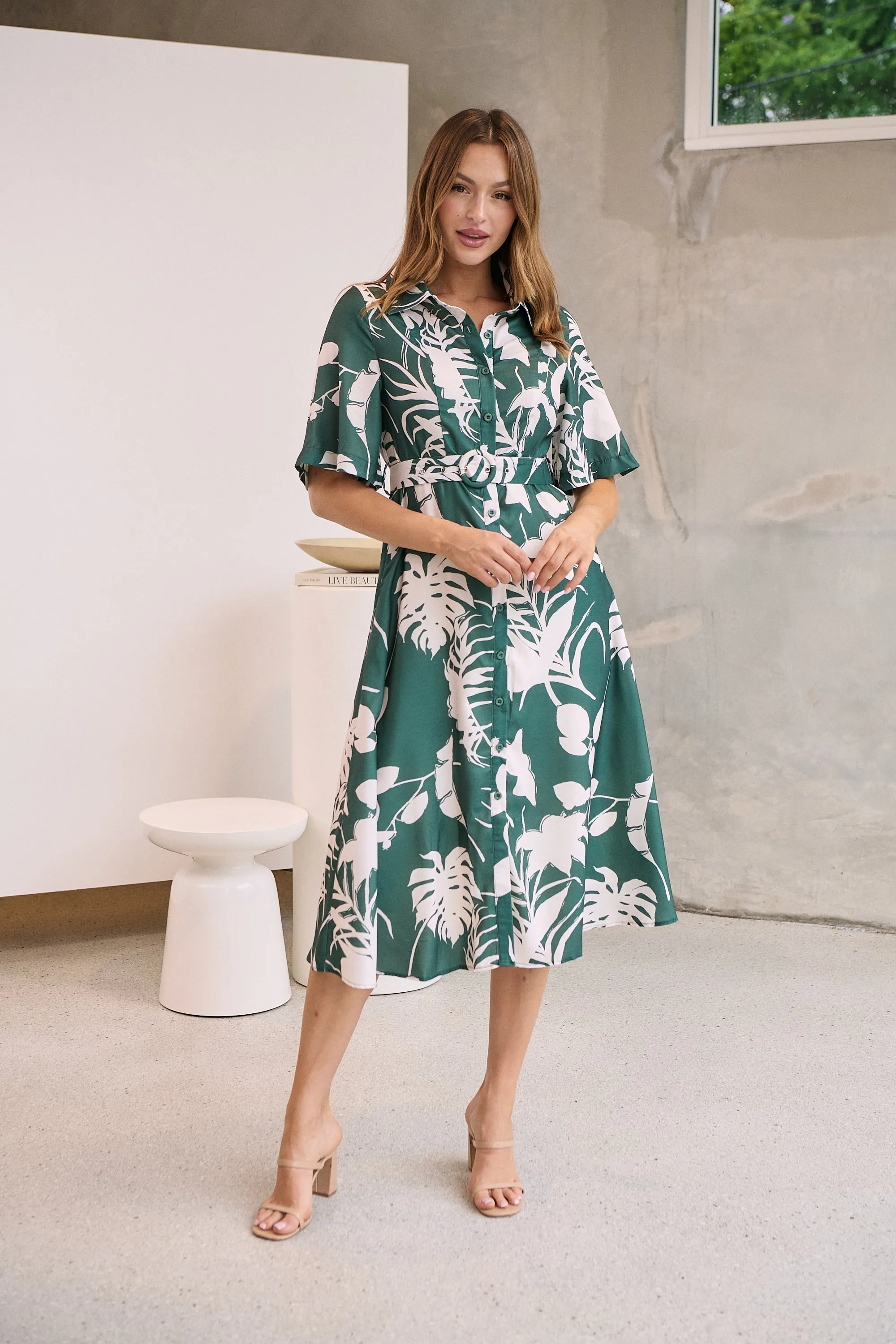 Delaney Green/White Print Button Front Midi Dress