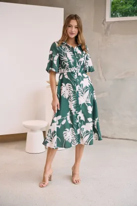 Delaney Green/White Print Button Front Midi Dress