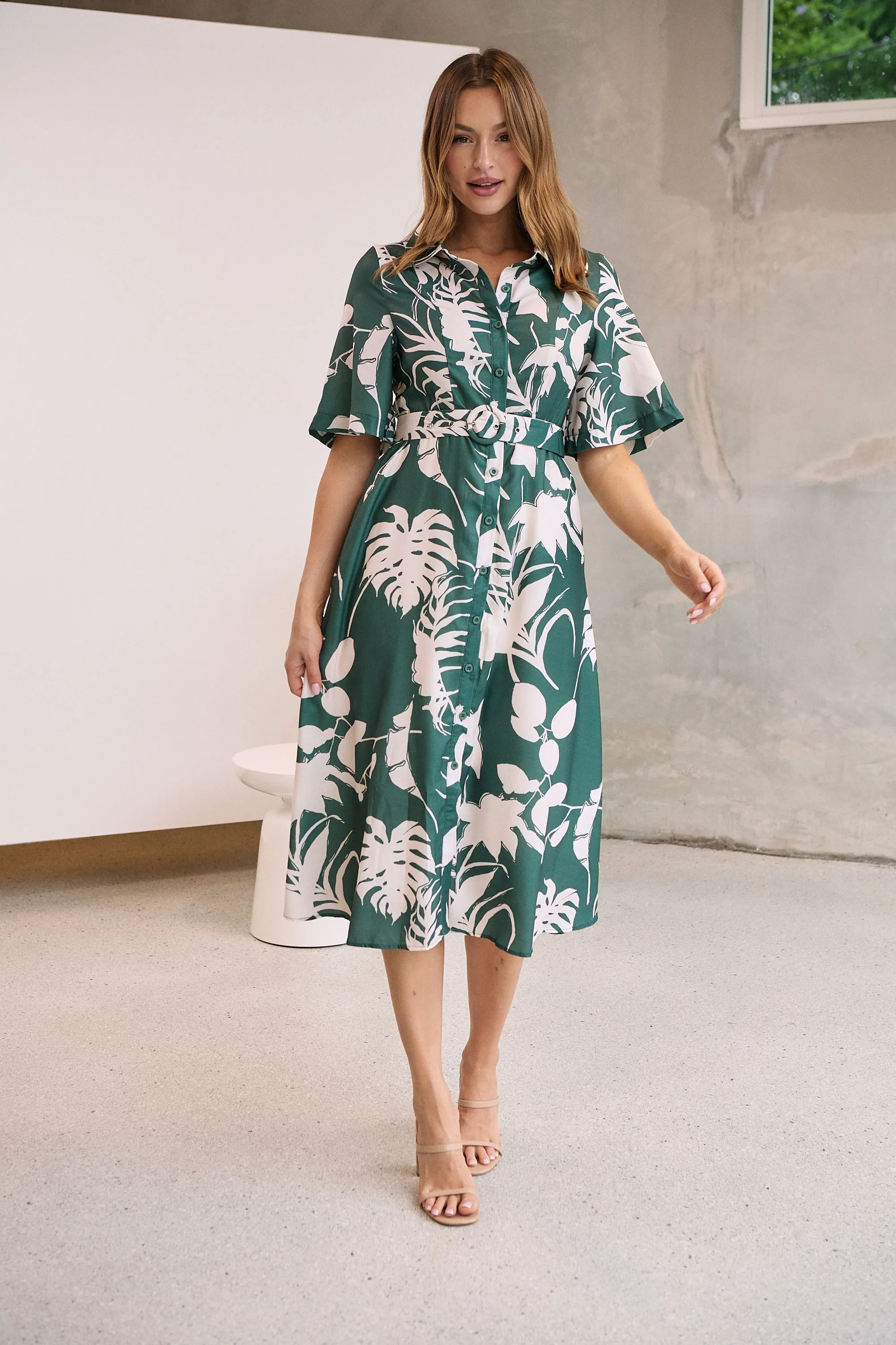 Delaney Green/White Print Button Front Midi Dress