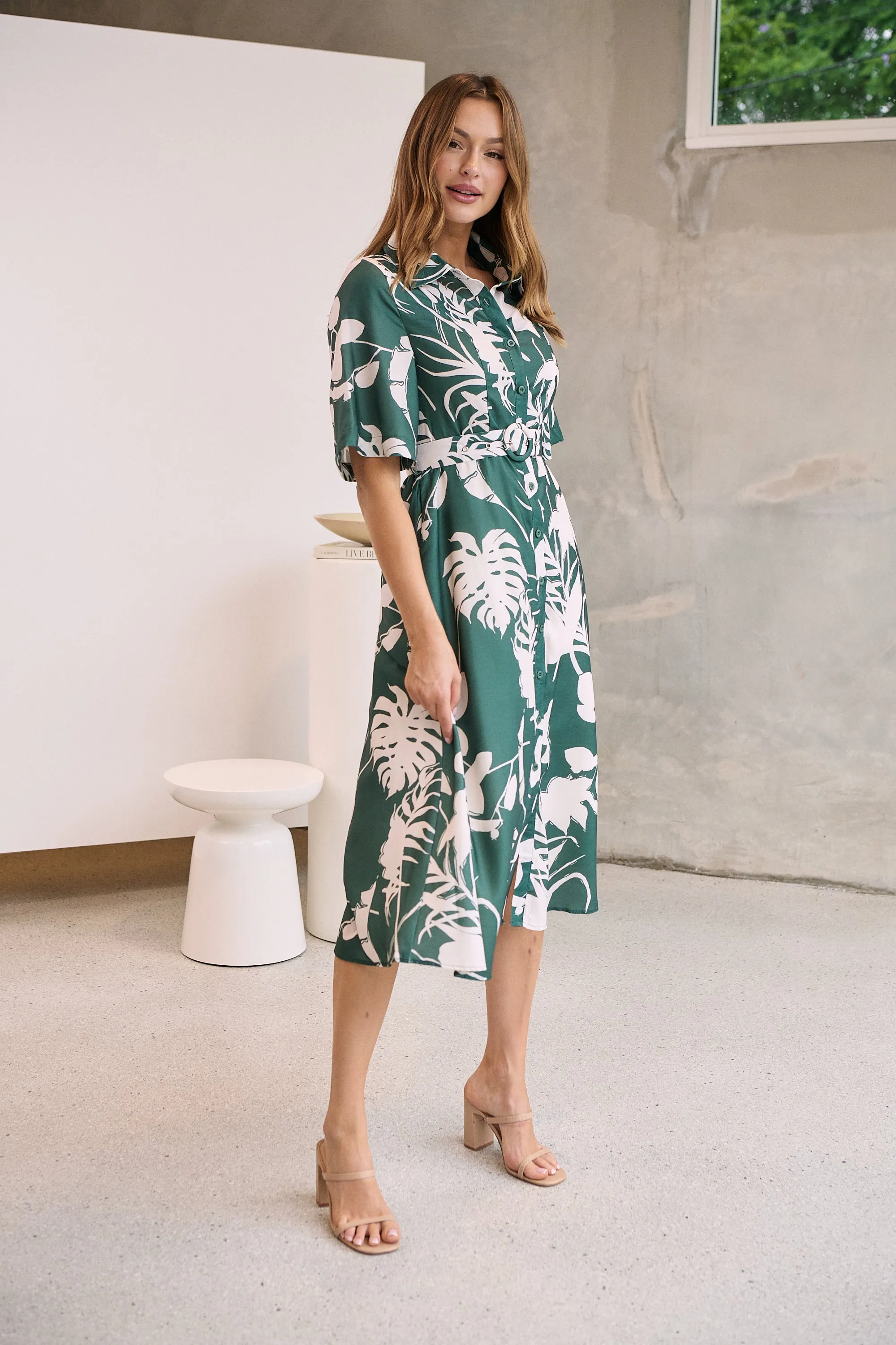 Delaney Green/White Print Button Front Midi Dress