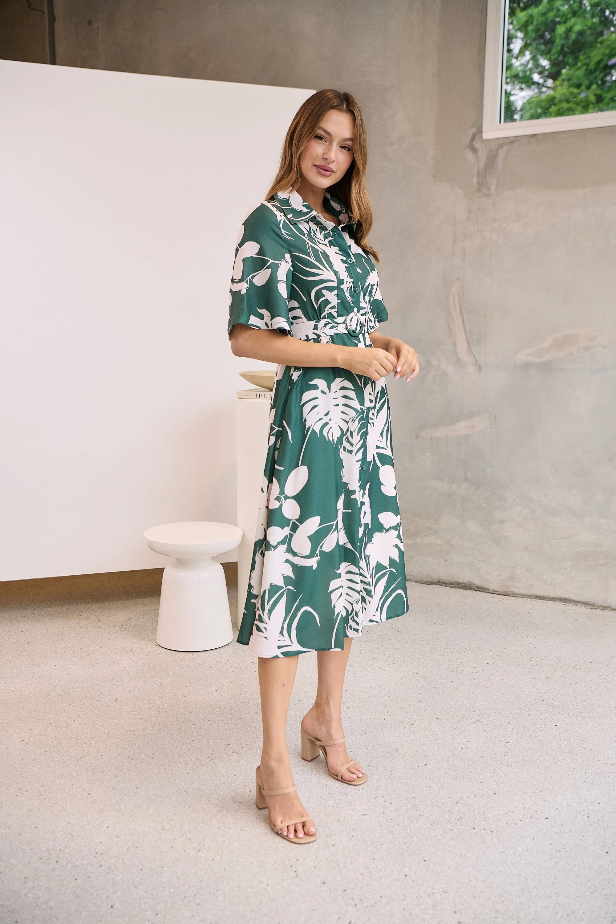 Delaney Green/White Print Button Front Midi Dress