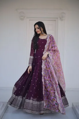 Designer Embroidery Luxury Work Gown With Dupatta Set