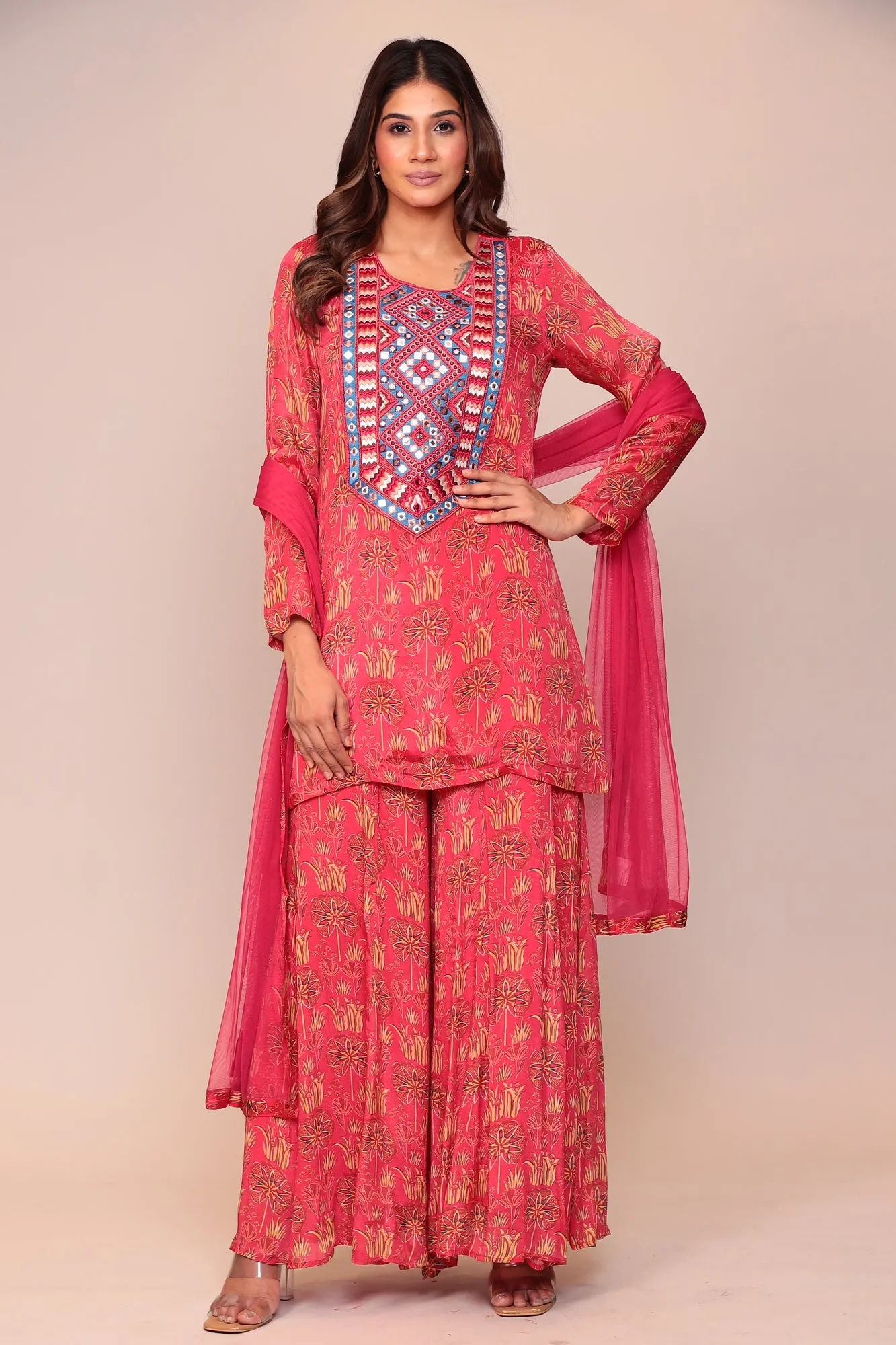 Digital Print Georgette Straight Kurta Set with Mirror and Thread work.