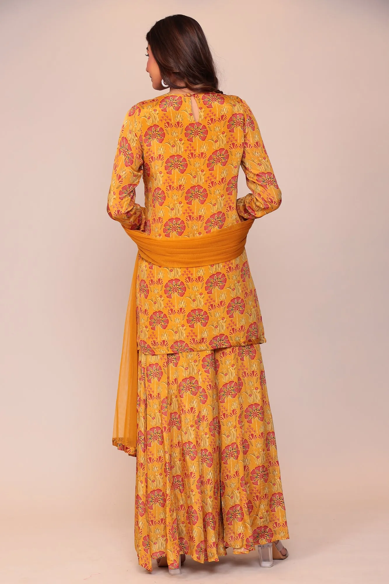 Digital Print Georgette Straight Kurta Set with Mirror and Thread work.